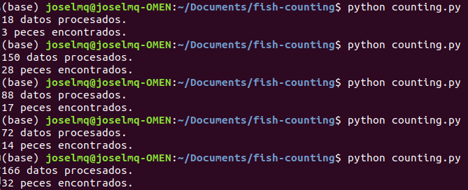 Terminal con cinco ejecuciones seguidas, cada una informando cuántos datos procesó y cuántos peces encontró.